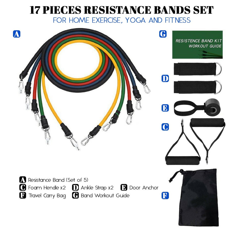 17 Pieces Resistance Bands Set For Home Exercise, Yoga and Fitness
